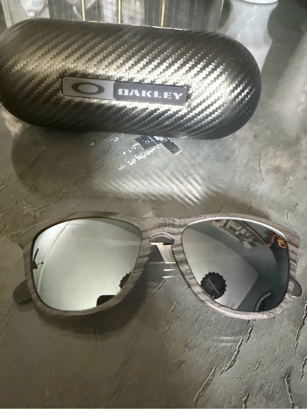 Oakley Frogskin Mix wood grain sunglasses; replaced polarized lenses w/ lenses